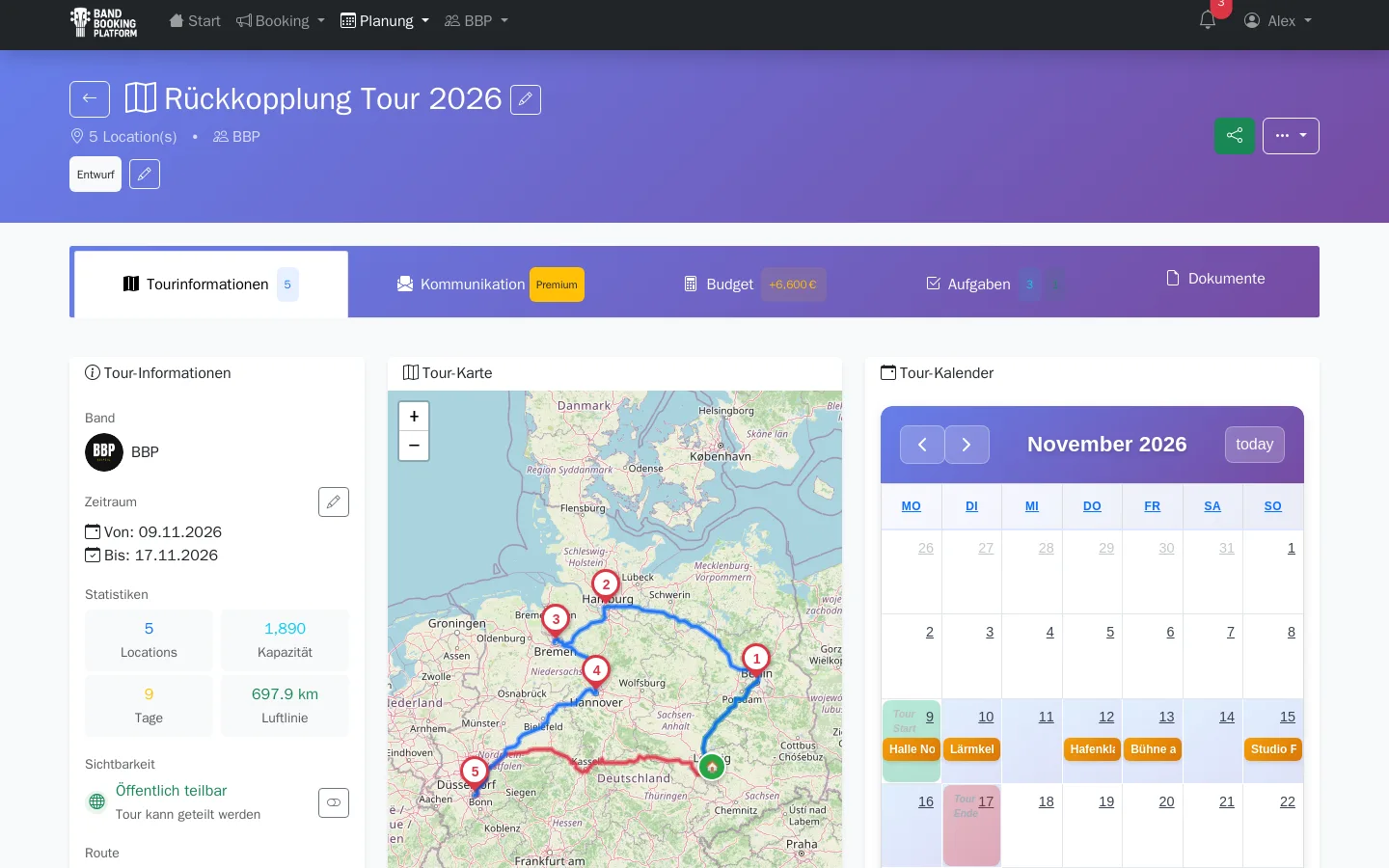 Tourplanung mit Karte, Route und Kalender